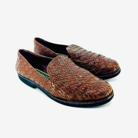 Vintage 80s Cole Haan Brown Woven Leather Loafers Made in Brazil - Picture 1 of 10